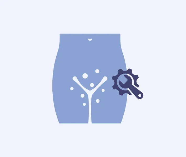صورة توضح رسمًا أزرقًا لملابس داخلية لرجل مع مفتاح ربط، تشير إلى موضوع إعادة بناء الأعضاء التناسلية.
