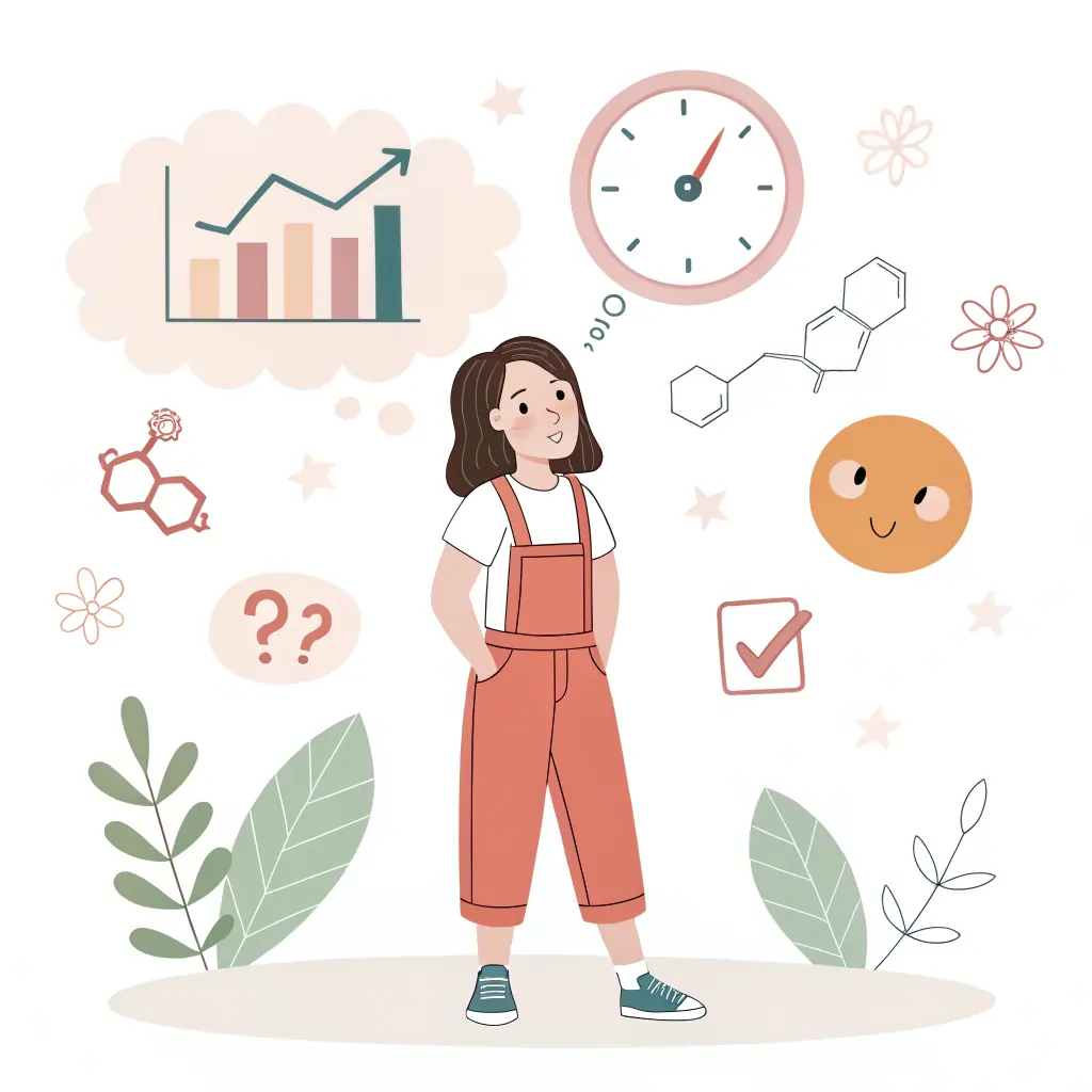 صورة رمزية توعوية تمثل اضطرابات مرحلة البلوغ لدى الفتيات، تتضمن فتاة صغيرة تقف في حيرة أو توتر، مع رموز طبية وهرمونية مثل الساعة، الهرمونات، المزاج، والنمو، بأسلوب مبسط وتعليمي