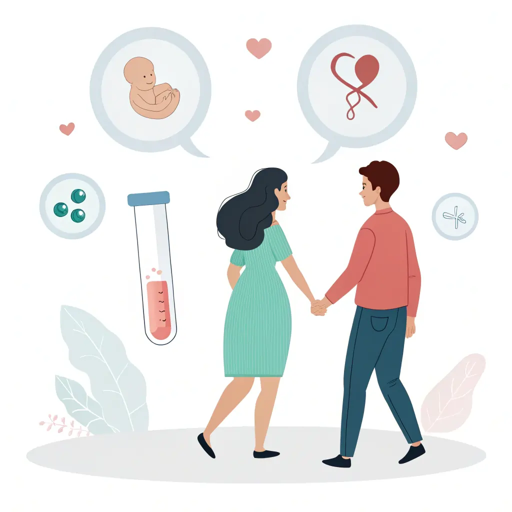 صورة رمزية تمثل علاج العقم لدى النساء أو الأزواج، باستخدام رموز مثل الأجنة، أنبوب اختبار، رحم رمزي، وقلوب صغيرة، في تصميم توعوي بأسلوب مبسط وبلون هادئ