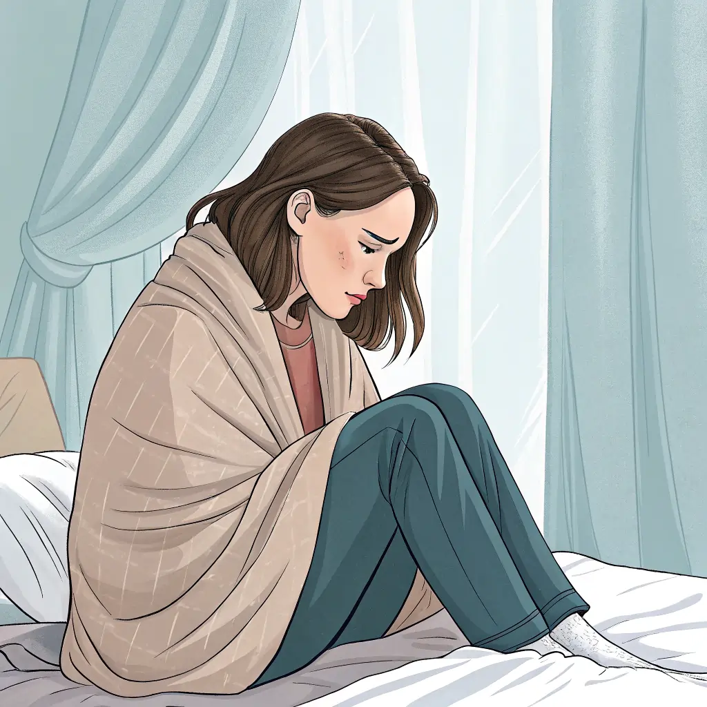امرأة تجلس على السرير، مغطاة ببطانية، تعبر عن مشاعر مختلطة من الراحة والقلق.