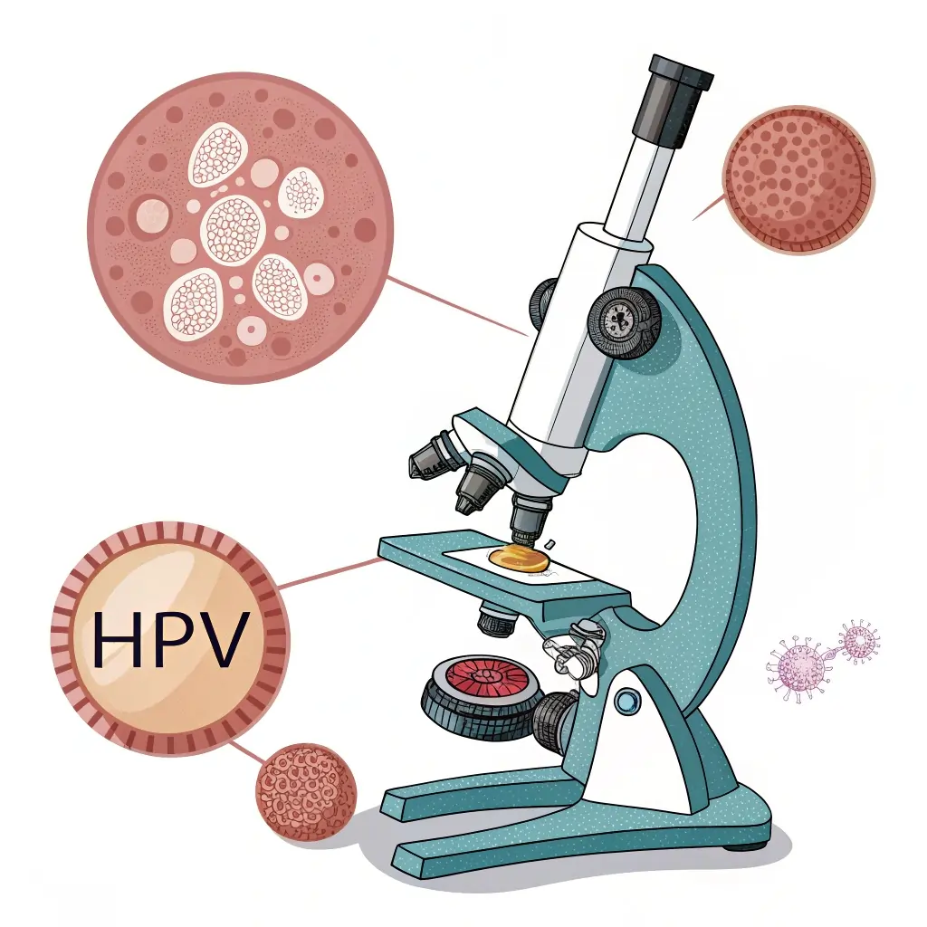 صورة لمجهر وكلمة "HPV" تشير إلى تنظير المهبل وفيروس الورم الحليمي البشري