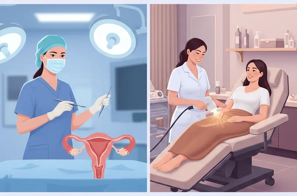 صورة توضحية تظهر الفرق بين تضيق المهبل بالليزر و تضيق المهبل جراحياً