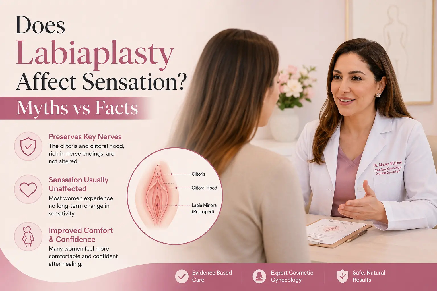 Woman consulting Dr. Marwa ElAjami about labiaplasty, sensation, recovery, and intimate wellness in Dubai