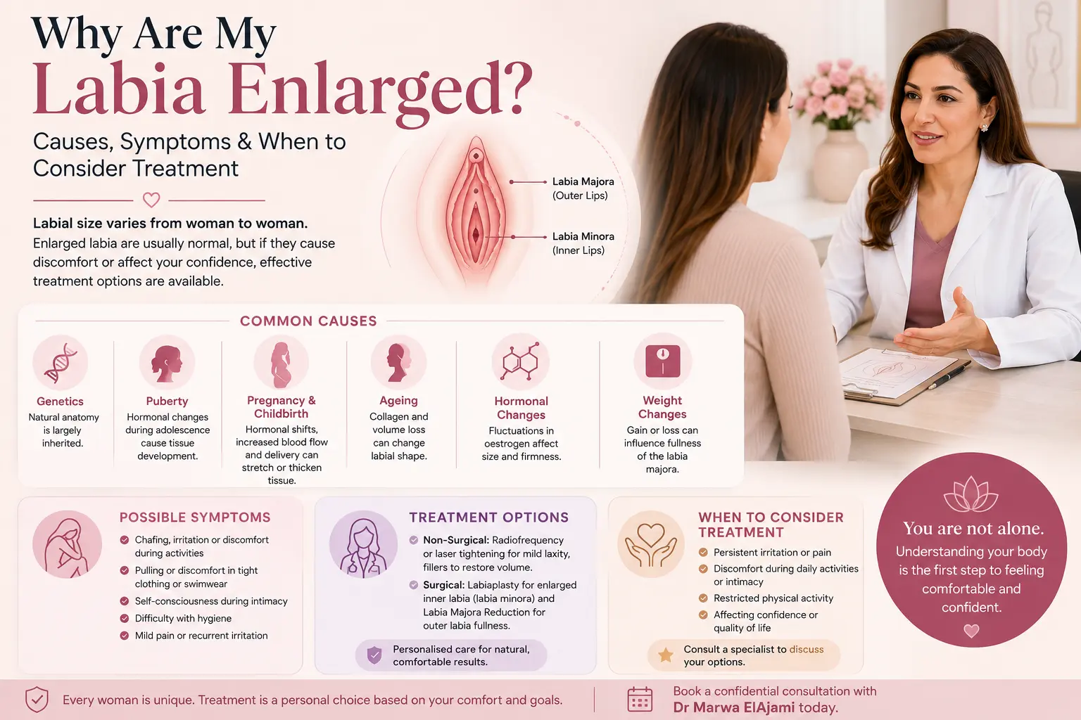 Illustration explaining enlarged labia causes, symptoms, and treatment options by Dr. Marwa ElAjami in Dubai