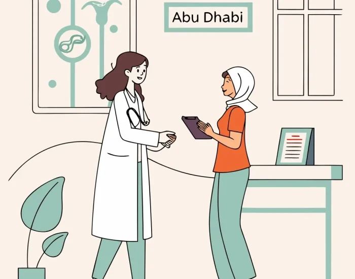 دكتورة نسائية أبوظبي دكتورة نسائية في أبوظبي ترتدي معطفًا طبيًا داخل عيادة حديثة، تجري استشارة طبية مع سيدة، مع خلفية توضح عناصر مرتبطة بصحة المرأة مثل جهاز الموجات فوق الصوتية ولوحات توعوية، في بيئة تعكس الرعاية الطبية المتقدمة في طب النساء.