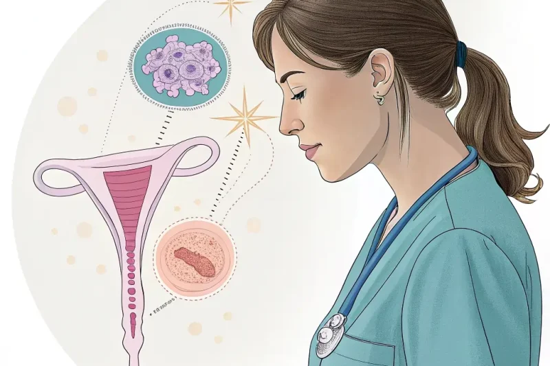 -a-realistic-medical-illustration-showing-a-female رسم توضيحي طبي يظهر توازن البكتيريا داخل المهبل مع إبراز الاختلال بين البكتيريا النافعة والضارة في بيئة صحية أنثوية، يعكس أهمية التشخيص والعناية بصحة المهبل.
